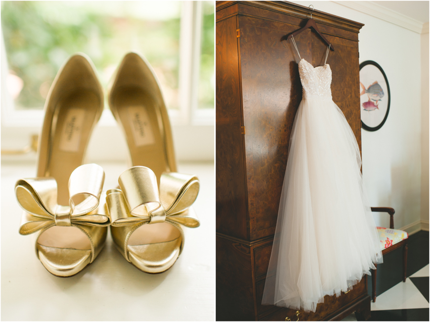 gold Valentino shoes and Reem Acra wedding gown