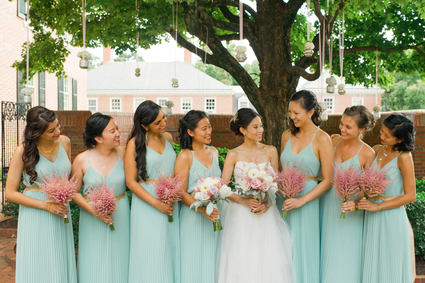 Bridesmaids in mint with thistle bouquets, Spindle Photography